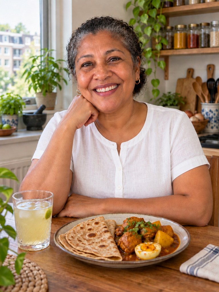 Tante Joyce aan haar keukentafel